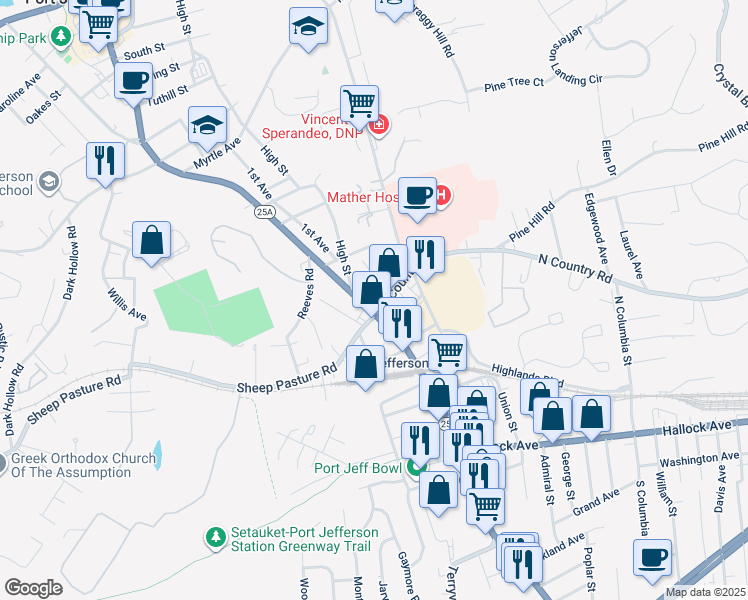 map of restaurants, bars, coffee shops, grocery stores, and more near in Port Jefferson