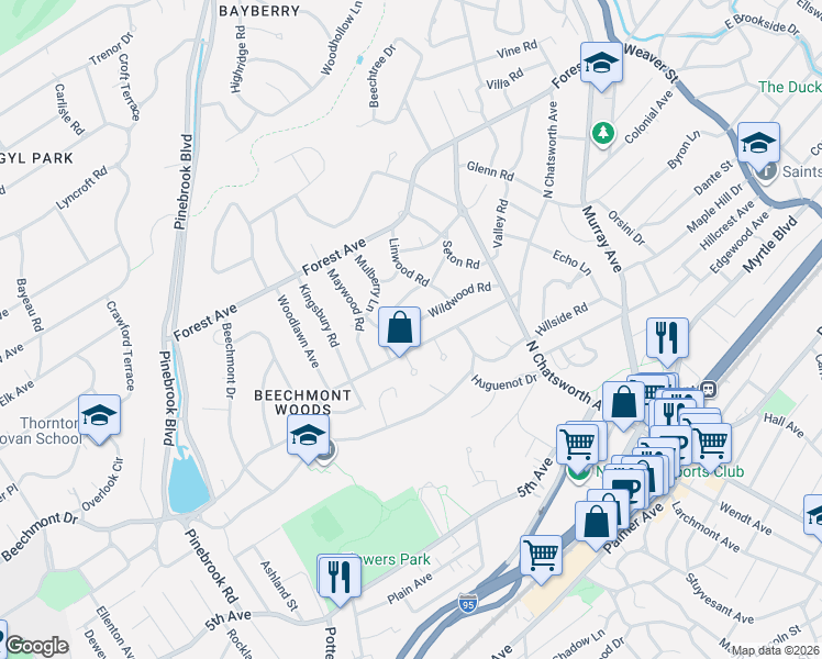 map of restaurants, bars, coffee shops, grocery stores, and more near 73 Wildwood Road in New Rochelle