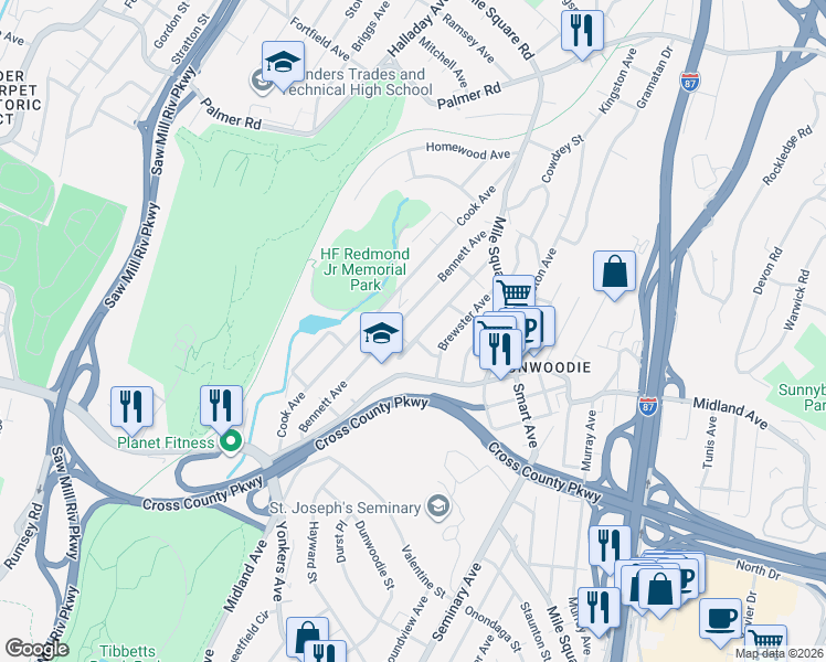 map of restaurants, bars, coffee shops, grocery stores, and more near 120 Bennett Avenue in Yonkers