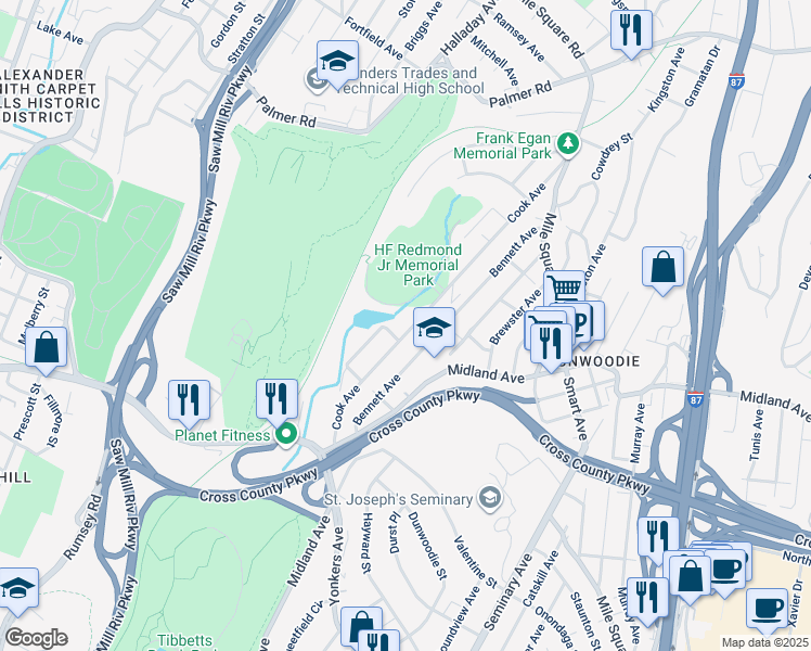 map of restaurants, bars, coffee shops, grocery stores, and more near 100 Cook Avenue in Yonkers
