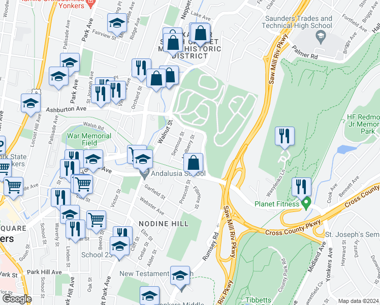 map of restaurants, bars, coffee shops, grocery stores, and more near 16 Mulberry Street in Yonkers