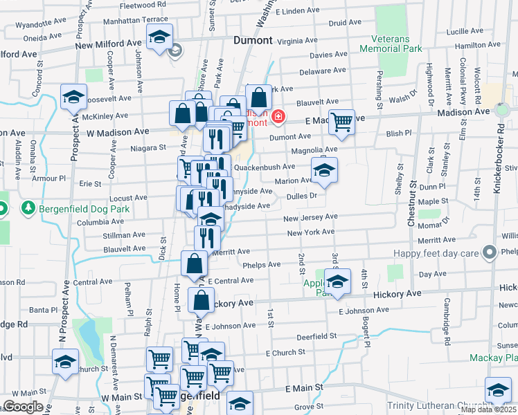 map of restaurants, bars, coffee shops, grocery stores, and more near 69 Shadyside Avenue in Dumont