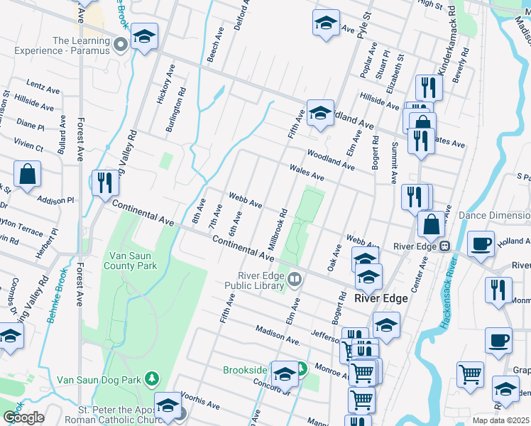 map of restaurants, bars, coffee shops, grocery stores, and more near 279 Webb Avenue in River Edge