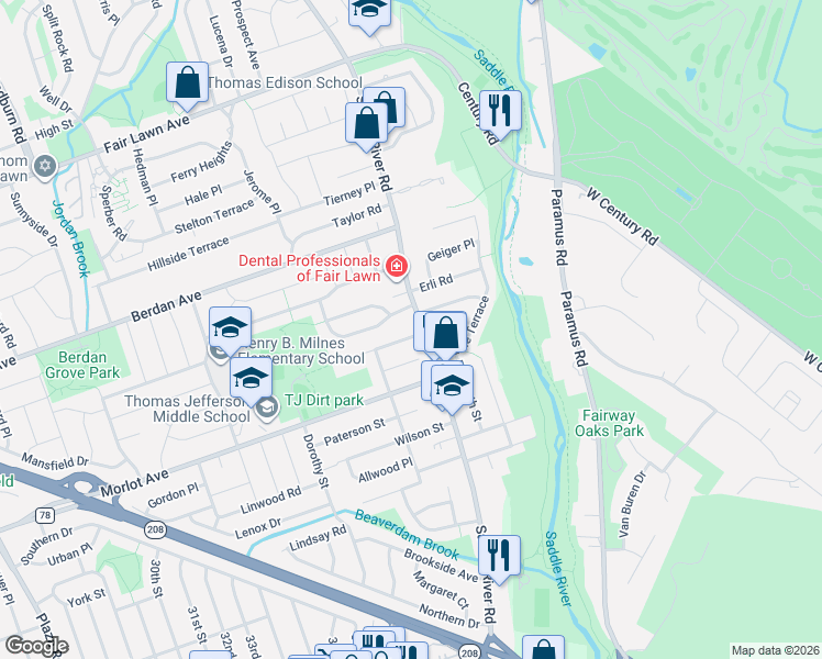 map of restaurants, bars, coffee shops, grocery stores, and more near 39-21 Van Riper Place in Fair Lawn