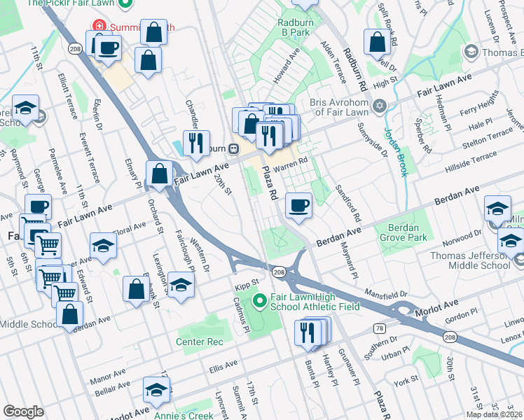 map of restaurants, bars, coffee shops, grocery stores, and more near 77 Landmark Lane in Fair Lawn