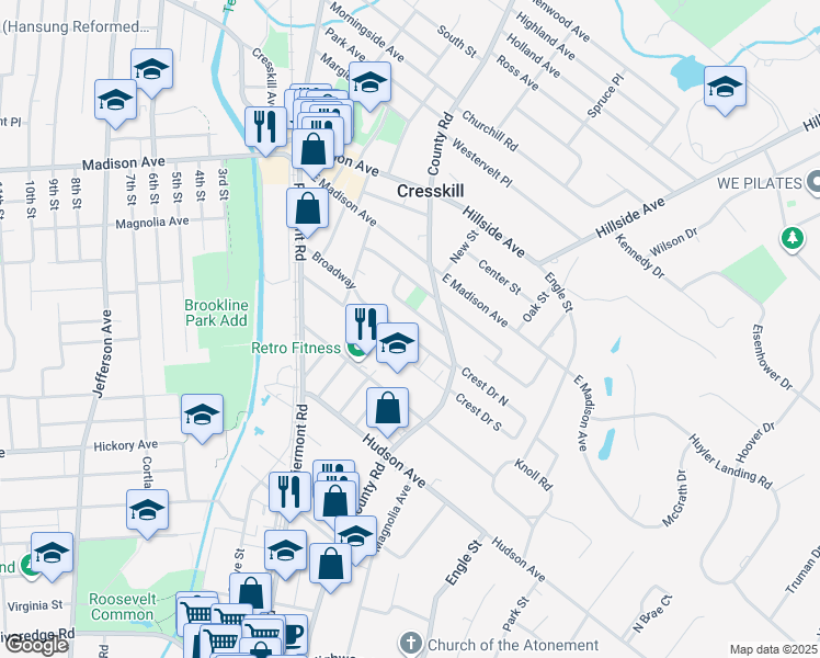 map of restaurants, bars, coffee shops, grocery stores, and more near 143 Broadway in Cresskill
