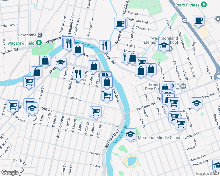 map of restaurants, bars, coffee shops, grocery stores, and more near 186 3rd Avenue in Paterson