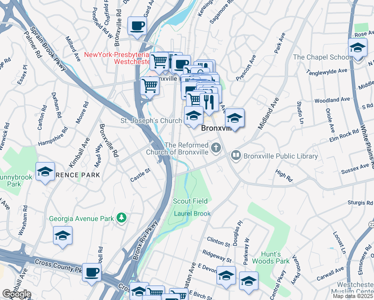 map of restaurants, bars, coffee shops, grocery stores, and more near 6 Midland Gardens in Bronxville