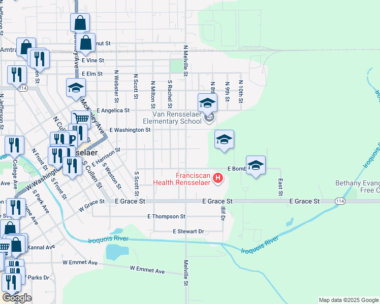map of restaurants, bars, coffee shops, grocery stores, and more near 203 South Melville Street in Rensselaer