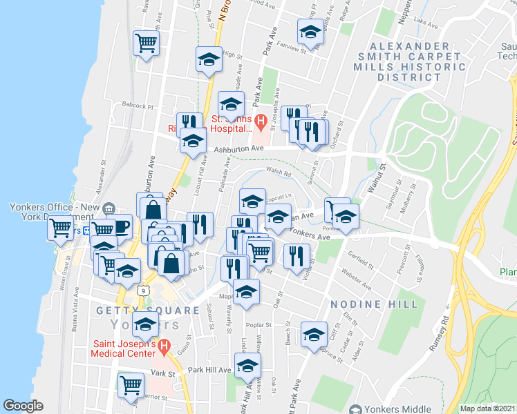 map of restaurants, bars, coffee shops, grocery stores, and more near 70 Saint Casimir Avenue in Yonkers