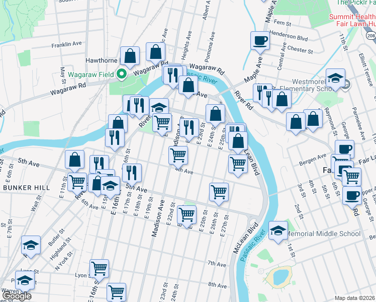 map of restaurants, bars, coffee shops, grocery stores, and more near 110 East 23rd Street in Paterson