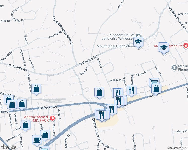 map of restaurants, bars, coffee shops, grocery stores, and more near 6 Remsen Court in Mount Sinai