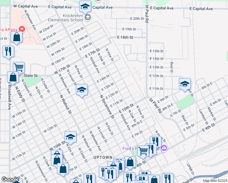 map of restaurants, bars, coffee shops, grocery stores, and more near 314 East 12th Street in Grand Island