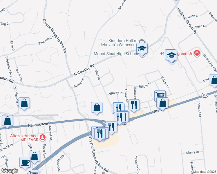 map of restaurants, bars, coffee shops, grocery stores, and more near 25 Ridgeview Place in Mount Sinai