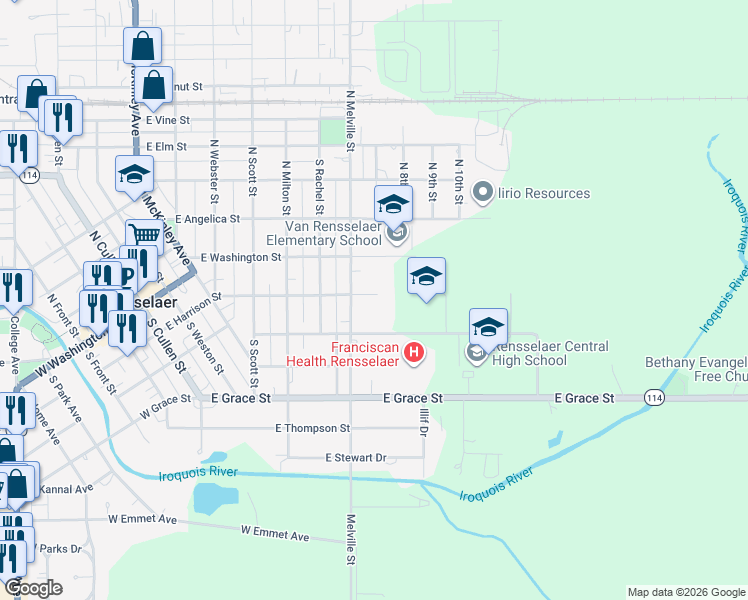 map of restaurants, bars, coffee shops, grocery stores, and more near 989 East B-Mar Drive in Rensselaer