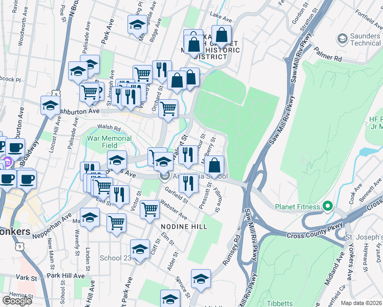 map of restaurants, bars, coffee shops, grocery stores, and more near 11 Seymour Street in Yonkers
