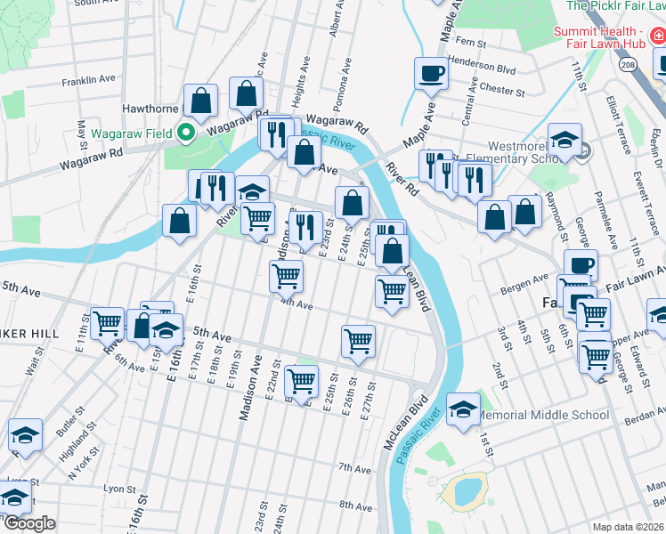 map of restaurants, bars, coffee shops, grocery stores, and more near 105 East 24th Street in Paterson