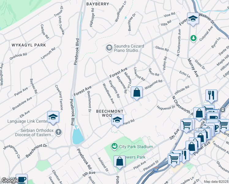 map of restaurants, bars, coffee shops, grocery stores, and more near 44 Kingsbury Road in New Rochelle