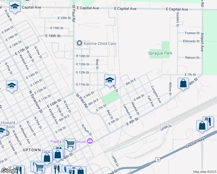 map of restaurants, bars, coffee shops, grocery stores, and more near 805 Beal Street in Grand Island