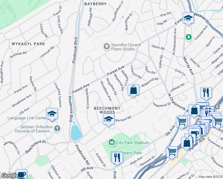 map of restaurants, bars, coffee shops, grocery stores, and more near 44 Kingsbury Road in New Rochelle