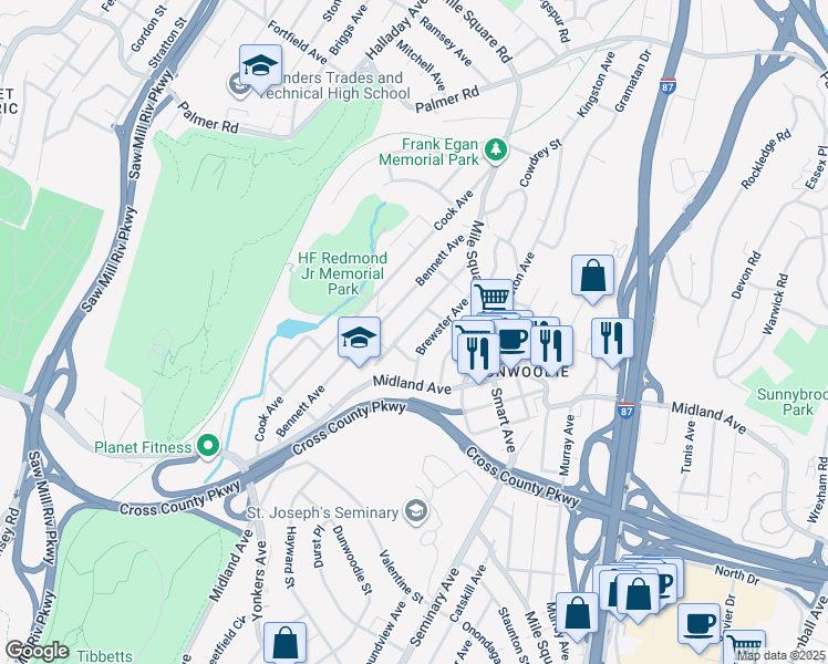 map of restaurants, bars, coffee shops, grocery stores, and more near 38 Dunston Avenue in Yonkers