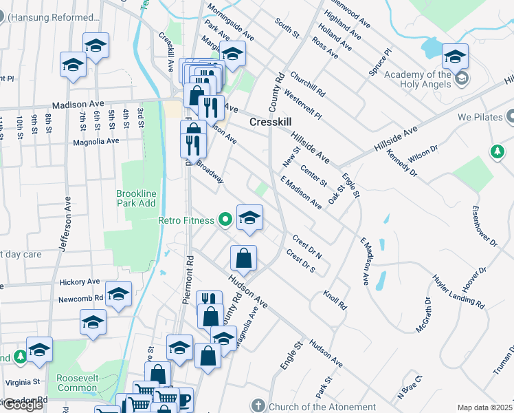 map of restaurants, bars, coffee shops, grocery stores, and more near 163 Broadway in Cresskill