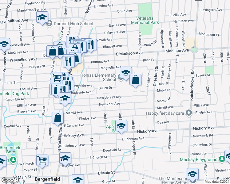 map of restaurants, bars, coffee shops, grocery stores, and more near 143 New Jersey Avenue in Bergenfield