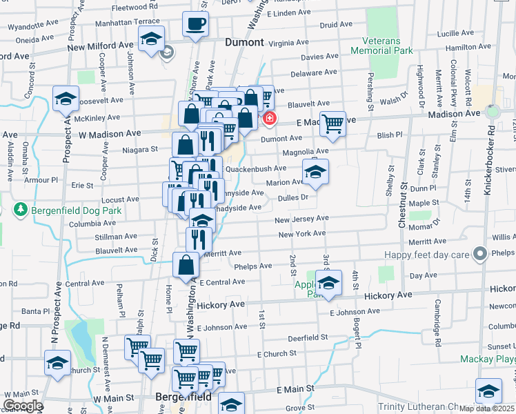 map of restaurants, bars, coffee shops, grocery stores, and more near 69 Shadyside Avenue in Dumont
