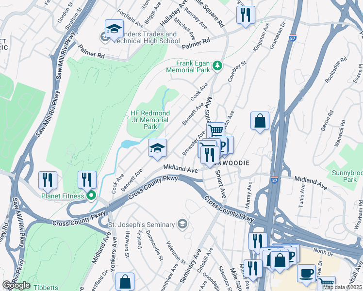 map of restaurants, bars, coffee shops, grocery stores, and more near 38 Dunston Avenue in Yonkers