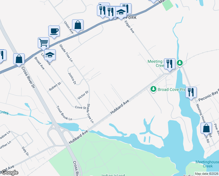 map of restaurants, bars, coffee shops, grocery stores, and more near 57 Zion Street in Riverhead