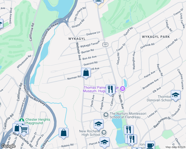 map of restaurants, bars, coffee shops, grocery stores, and more near 26 Siebrecht Place in New Rochelle