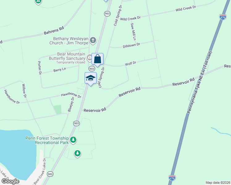 map of restaurants, bars, coffee shops, grocery stores, and more near Reservoir Rd in Jim Thorpe