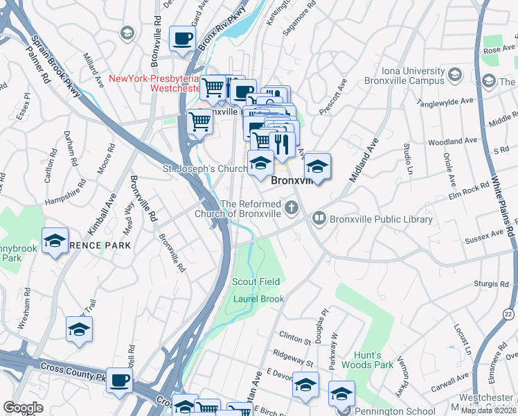 map of restaurants, bars, coffee shops, grocery stores, and more near 6 Midland Gardens in Bronxville