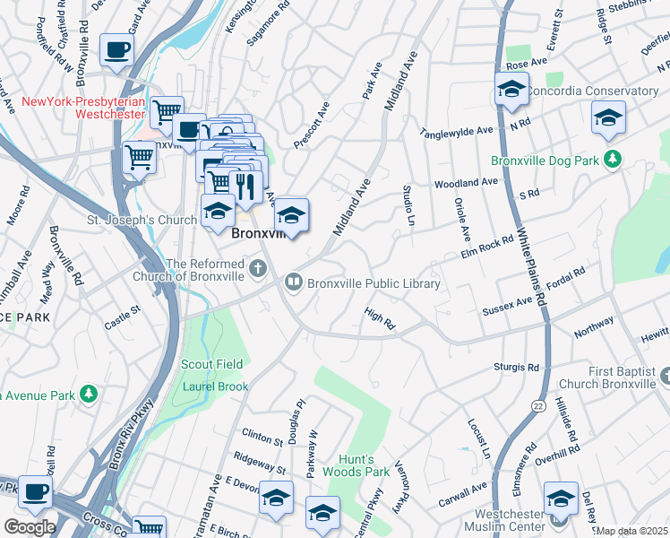 map of restaurants, bars, coffee shops, grocery stores, and more near 15 Crows Nest Road in Bronxville