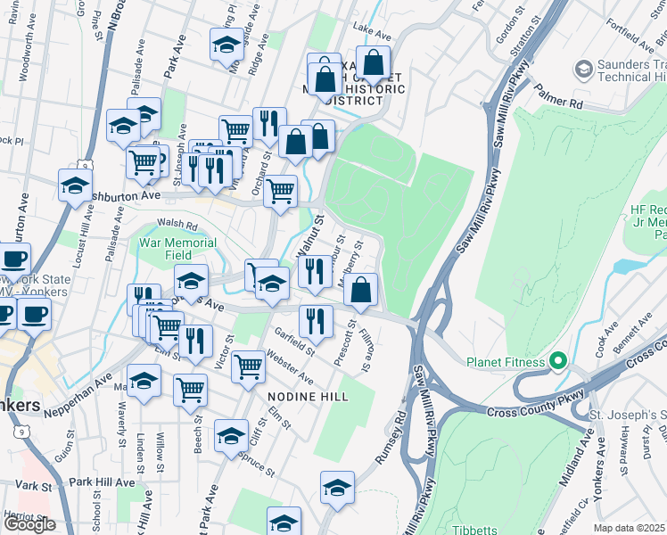 map of restaurants, bars, coffee shops, grocery stores, and more near 11 Seymour Street in Yonkers
