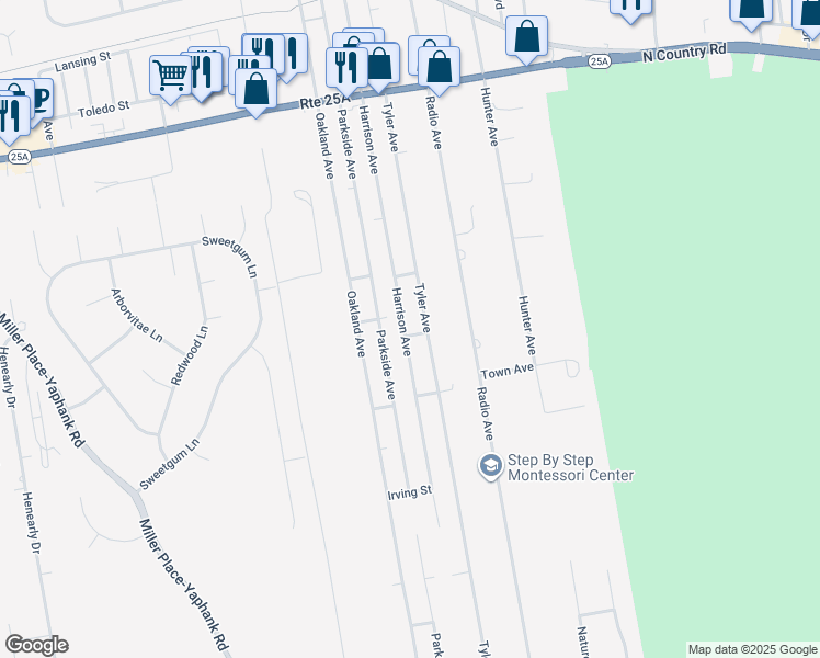 map of restaurants, bars, coffee shops, grocery stores, and more near 256 Tyler Avenue in Miller Place