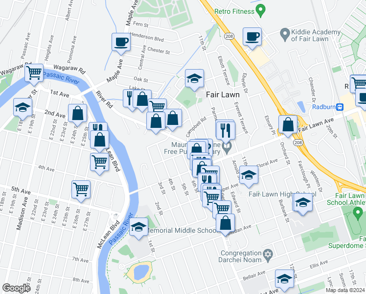 map of restaurants, bars, coffee shops, grocery stores, and more near 1600 River Road in Fair Lawn