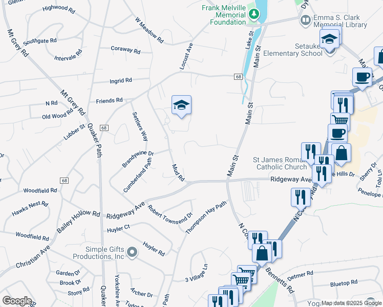 map of restaurants, bars, coffee shops, grocery stores, and more near 26 Brewster Hill Road in Setauket- East Setauket