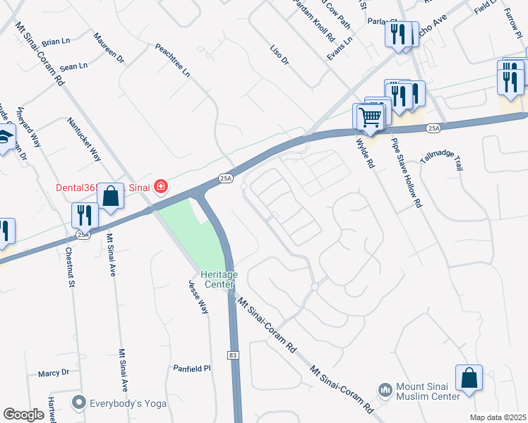 map of restaurants, bars, coffee shops, grocery stores, and more near 177 Constantine Way in Mount Sinai
