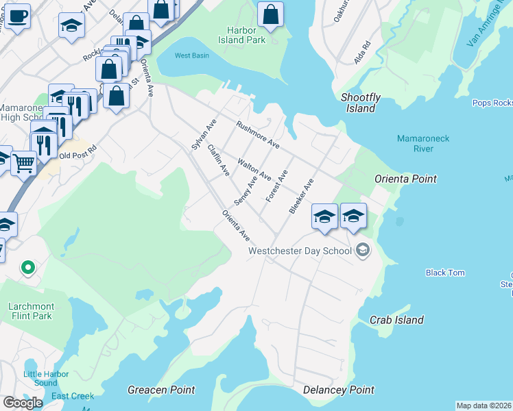 map of restaurants, bars, coffee shops, grocery stores, and more near 808 Claflin Avenue in Mamaroneck