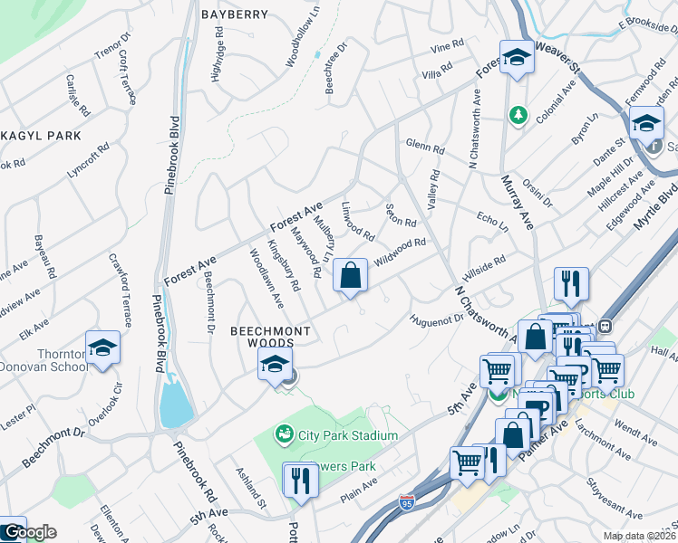 map of restaurants, bars, coffee shops, grocery stores, and more near 21 Maywood Road in New Rochelle