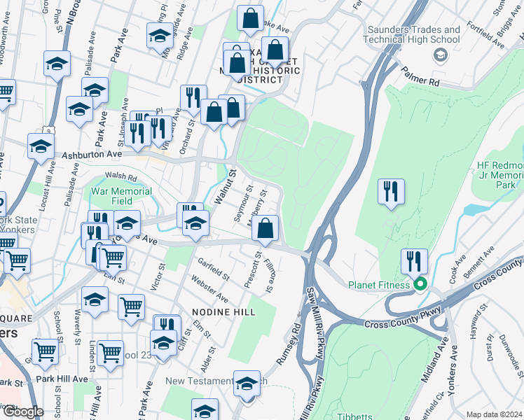 map of restaurants, bars, coffee shops, grocery stores, and more near 16 Mulberry Street in Yonkers