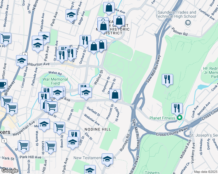 map of restaurants, bars, coffee shops, grocery stores, and more near 16 Mulberry Street in Yonkers
