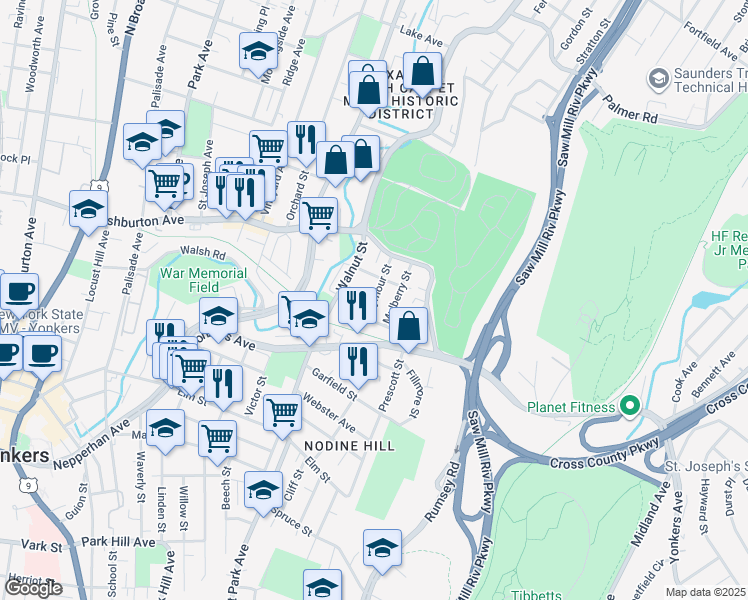 map of restaurants, bars, coffee shops, grocery stores, and more near 11 Seymour Street in Yonkers