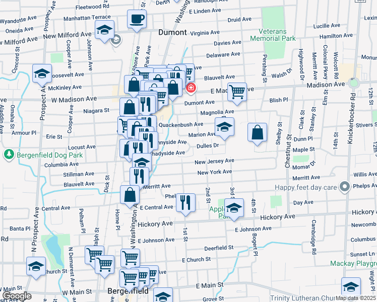 map of restaurants, bars, coffee shops, grocery stores, and more near 73 New Jersey Avenue in Bergenfield