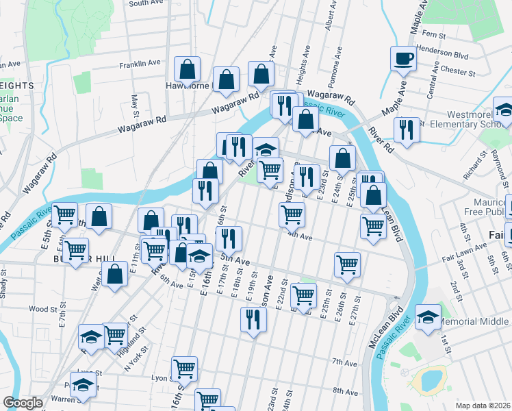 map of restaurants, bars, coffee shops, grocery stores, and more near 124 East 19th Street in Paterson