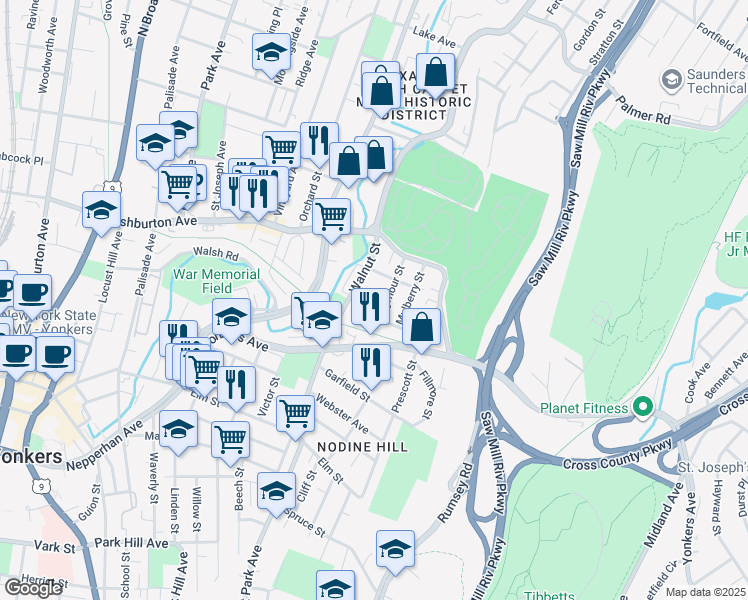 map of restaurants, bars, coffee shops, grocery stores, and more near 11 Seymour Street in Yonkers