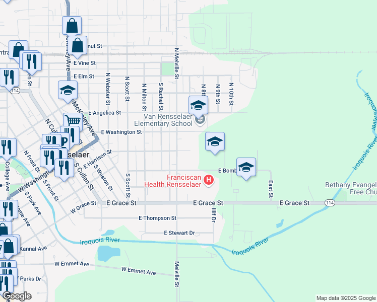 map of restaurants, bars, coffee shops, grocery stores, and more near 989 East B-Mar Drive in Rensselaer