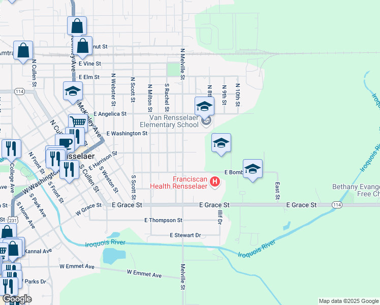 map of restaurants, bars, coffee shops, grocery stores, and more near 953 East B-Mar Drive in Rensselaer