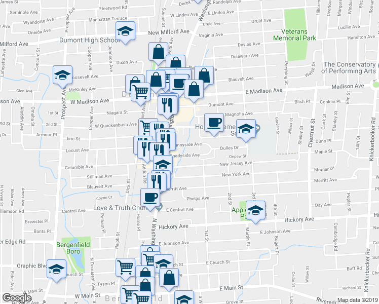 map of restaurants, bars, coffee shops, grocery stores, and more near 62 Shadyside Avenue in Dumont